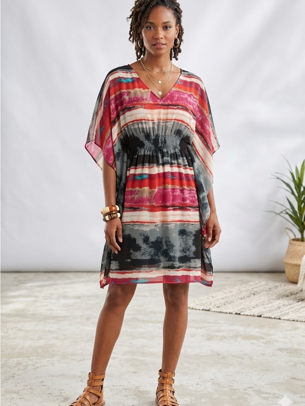 Women's Striped V-Neck Breezy Dress, Multi Color